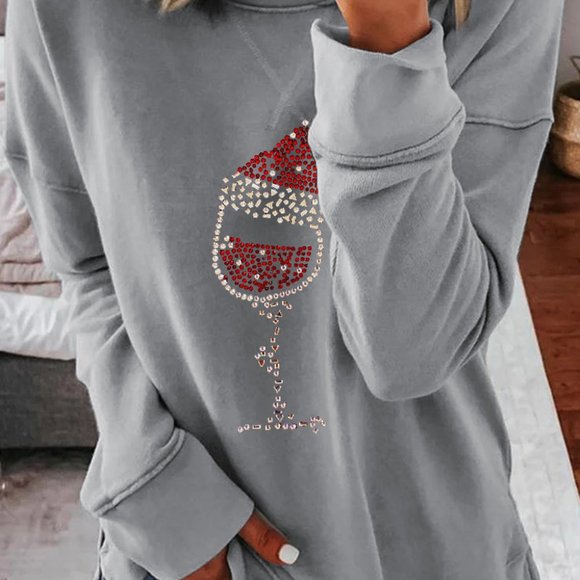 Rhinestone studded embellished Christmas Santa Wine Glass Sweatshirt - Picture 4 of 16
